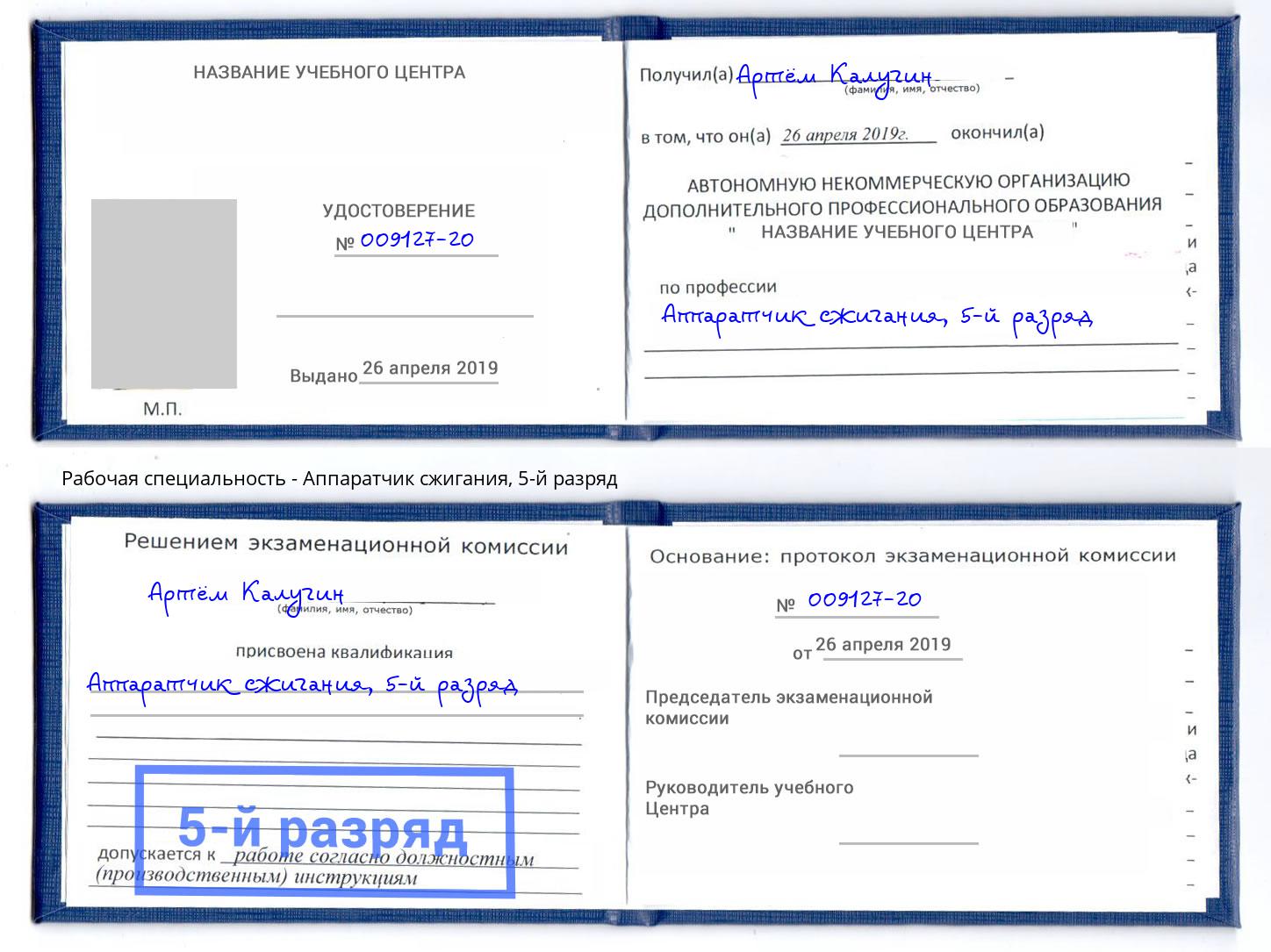 корочка 5-й разряд Аппаратчик сжигания Куйбышев