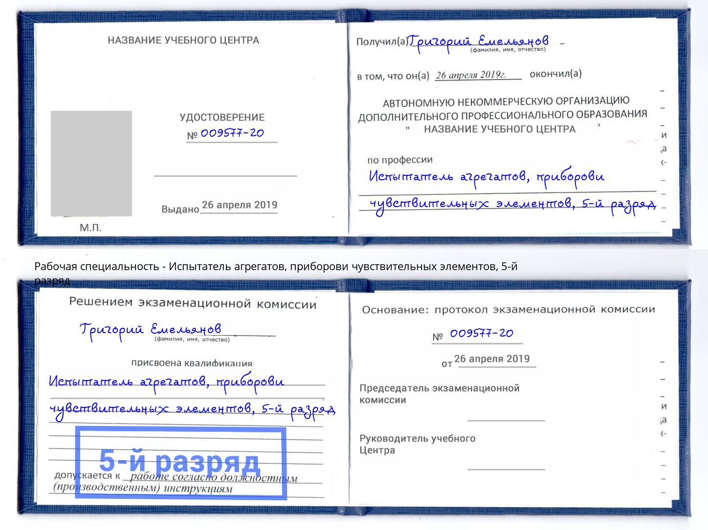 корочка 5-й разряд Испытатель агрегатов, приборови чувствительных элементов Куйбышев