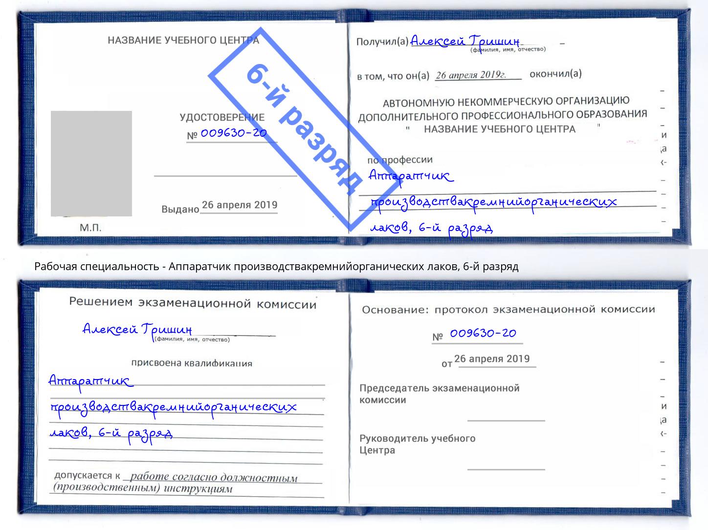 корочка 6-й разряд Аппаратчик производствакремнийорганических лаков Куйбышев