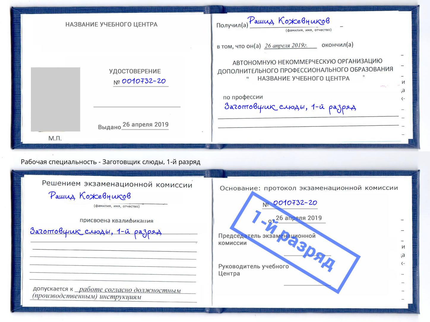корочка 1-й разряд Заготовщик слюды Куйбышев